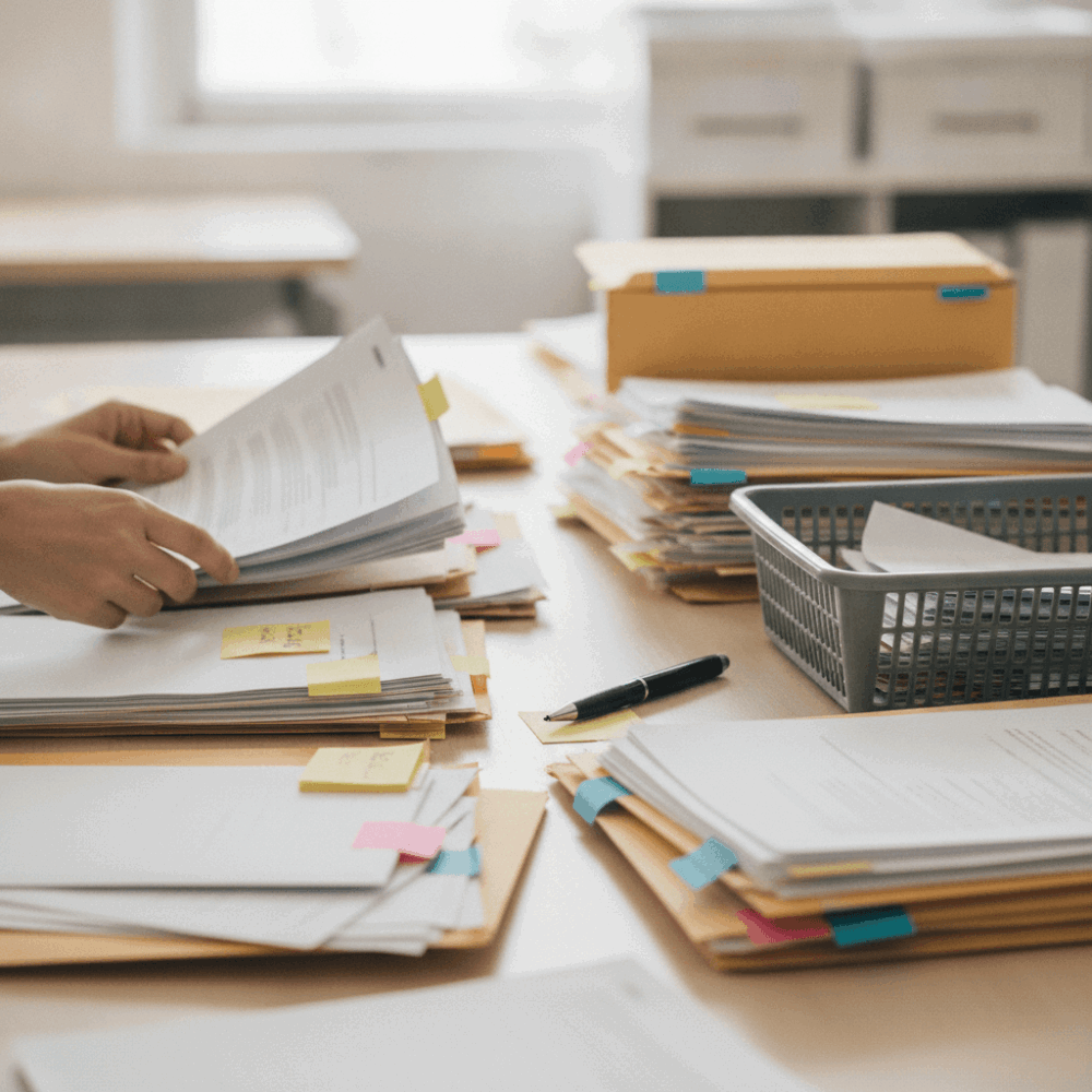 Employée du service ADV triant manuellement des documents et commandes reçues par e-mail avant automatisation