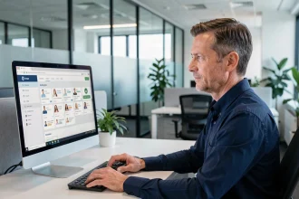 Employé RATP consultant son bulletin de paie en ligne sur un ordinateur de bureau dans un environnement de travail professionnel