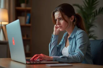 Femme frustrée devant un message d'erreur d'accès non autorisé sur son ordinateur portable