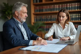 Acheteur et vendeur examinant ensemble les documents de cession de fonds de commerce autour d'une table de bureau notarial