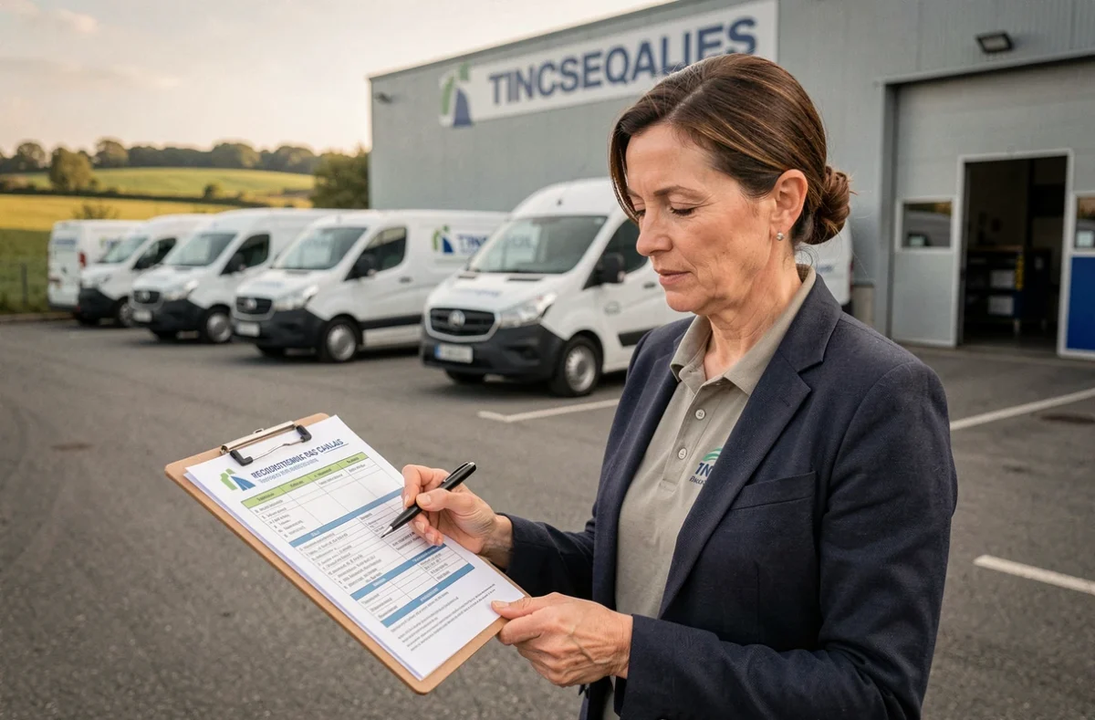 Coordinatrice d'Adecco Propreté supervisant des missions de nettoyage et d'intérim devant un entrepôt à Tincques