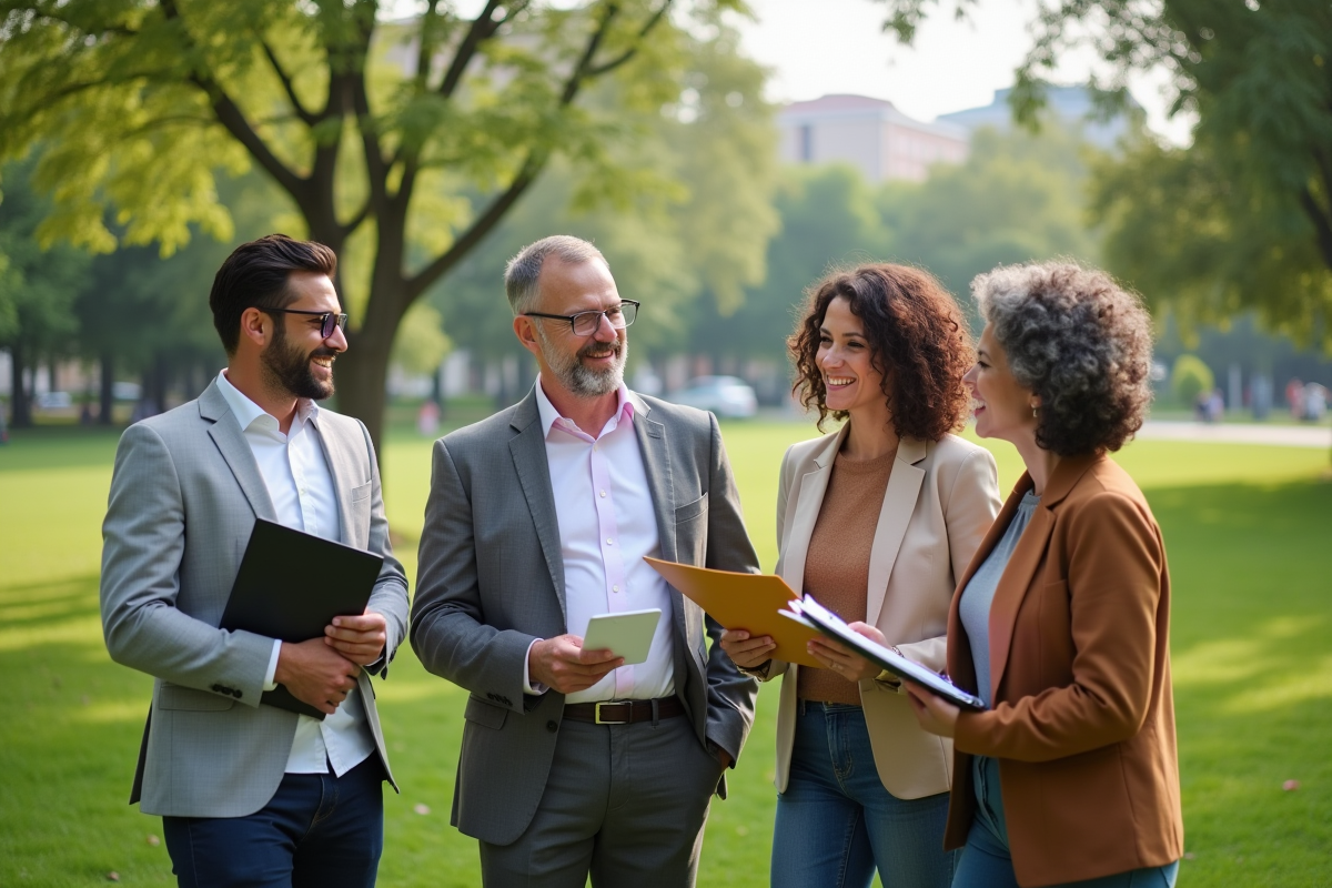 Quatre adultes souriants dans un parc urbain avec dossiers