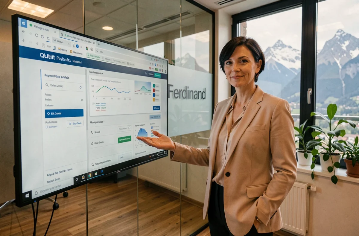 Professionnelle de l'agence Ferdinand présentant une stratégie SEO devant un écran d'audit