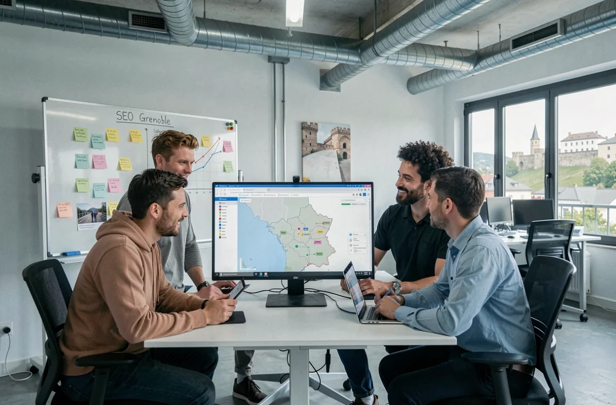 Équipe de l'Agence SEO Grenoble travaillant sur une campagne de référencement local en Isère