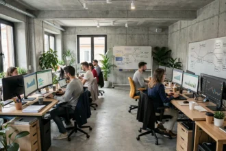 Bureau d'une agence SEO en Isère avec des professionnels travaillant sur des stratégies de référencement naturel