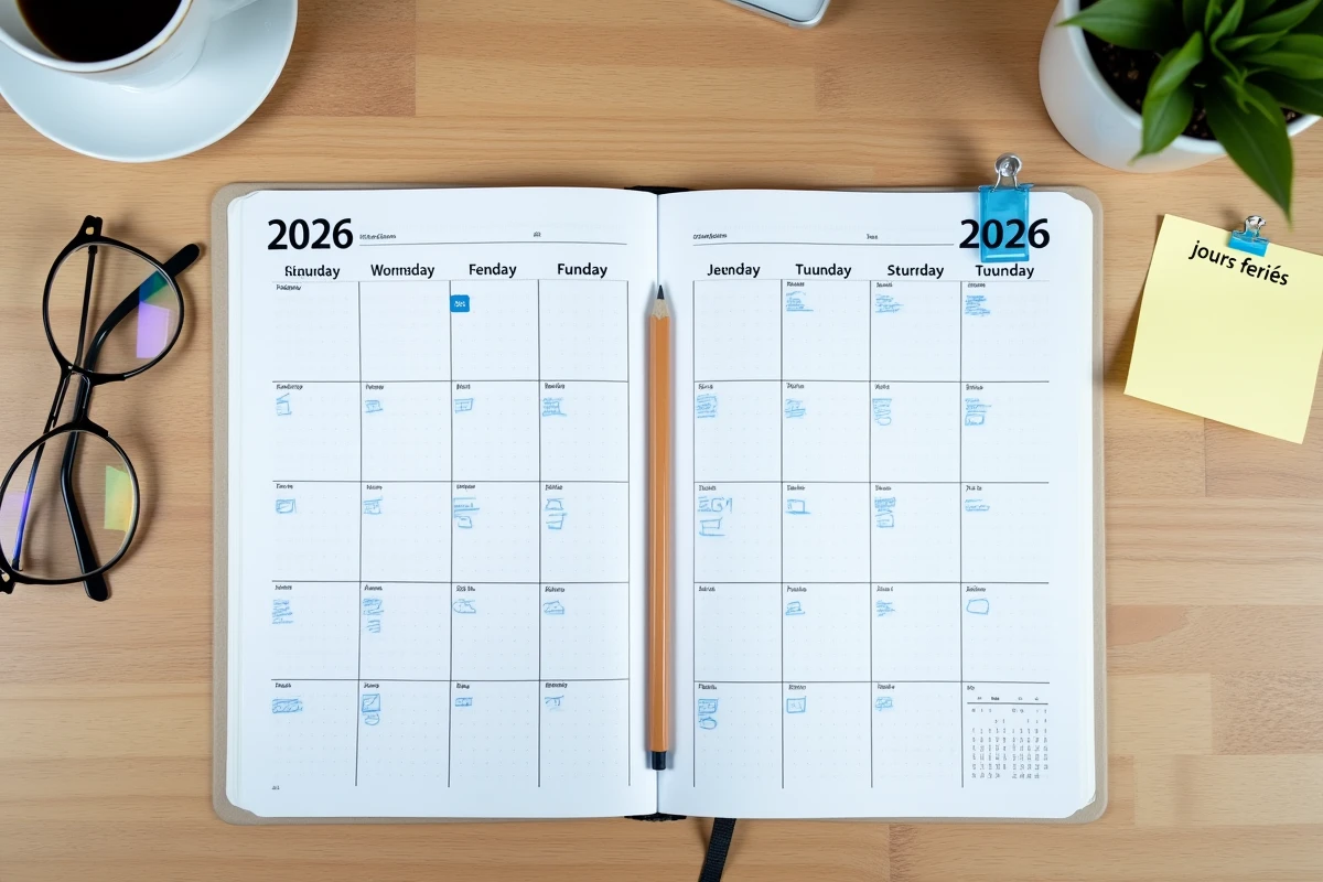 Vue de dessus d'un agenda 2026 avec jours travaillés cochés, crayon et notes autocollantes sur bureau en bois clair