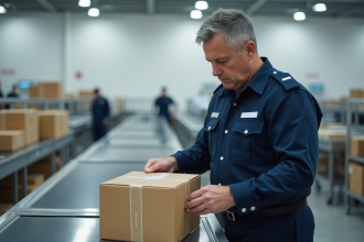 Agent de douane en uniforme inspectant un colis