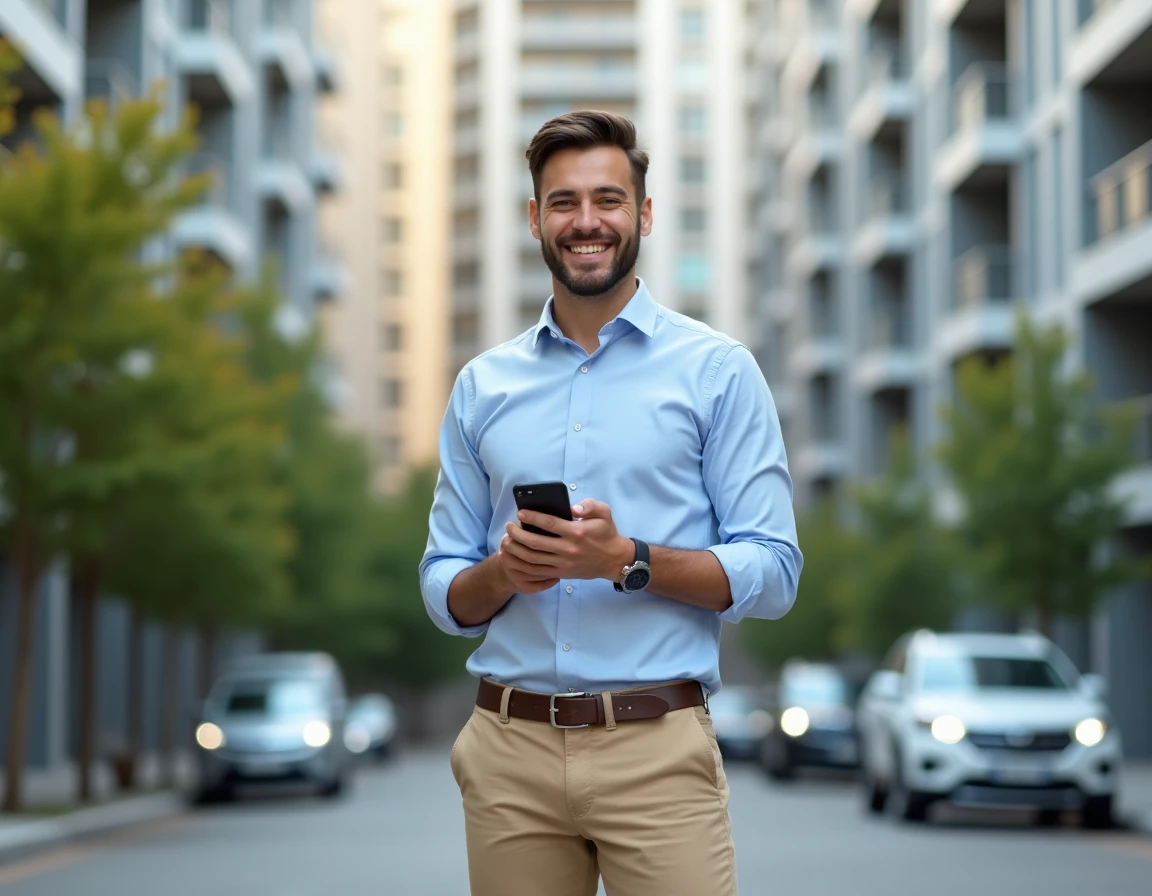 Agent immobilier jeune consultant une plateforme de mise en relation professionnelle sur smartphone devant un immeuble résidentiel