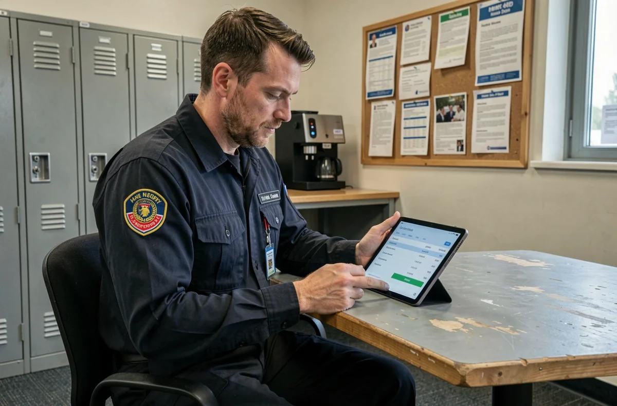 Agent de transport RATP accédant à son bulletin de paie via une tablette dans une salle de pause d'entreprise