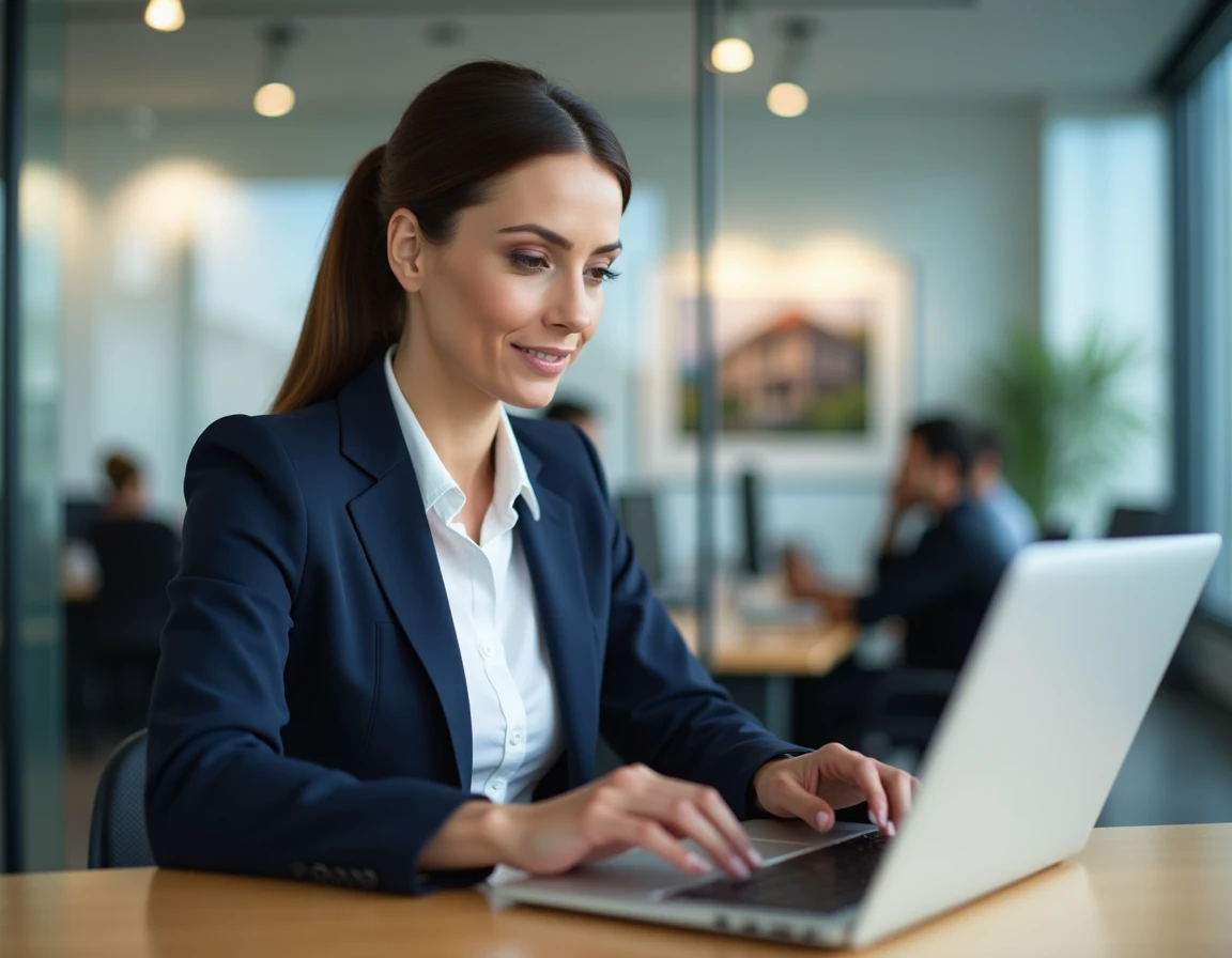 Agent immobilière professionnelle consultant des annonces sur un ordinateur portable dans une agence immobilière moderne