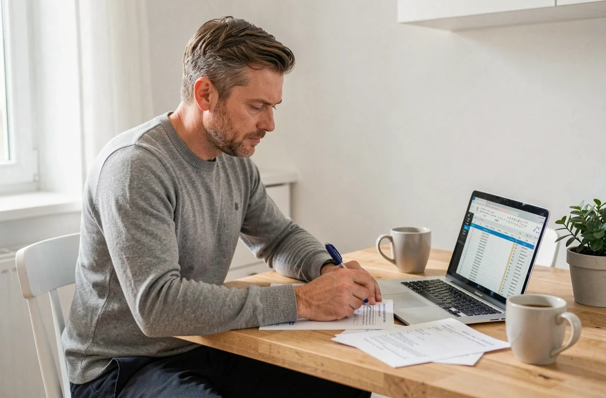 Homme travailleur indépendant analysant une offre de portage salarial sur ordinateur portable avec une liste de contrôle annotée à domicile