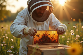 Apiculteur en tenue inspectant une ruche dans un champ en fleurs