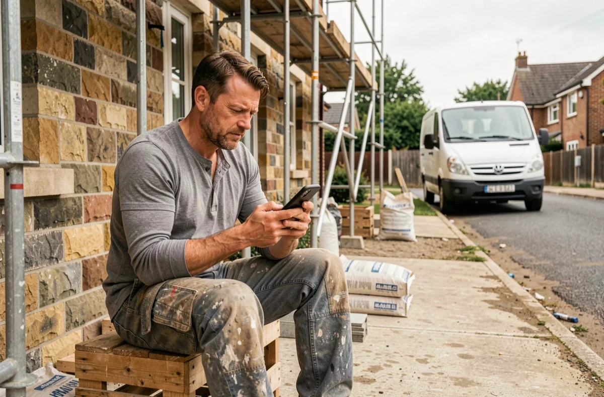 Artisan du bâtiment consultant un comparateur de devis BTP sur smartphone devant une maison en rénovation