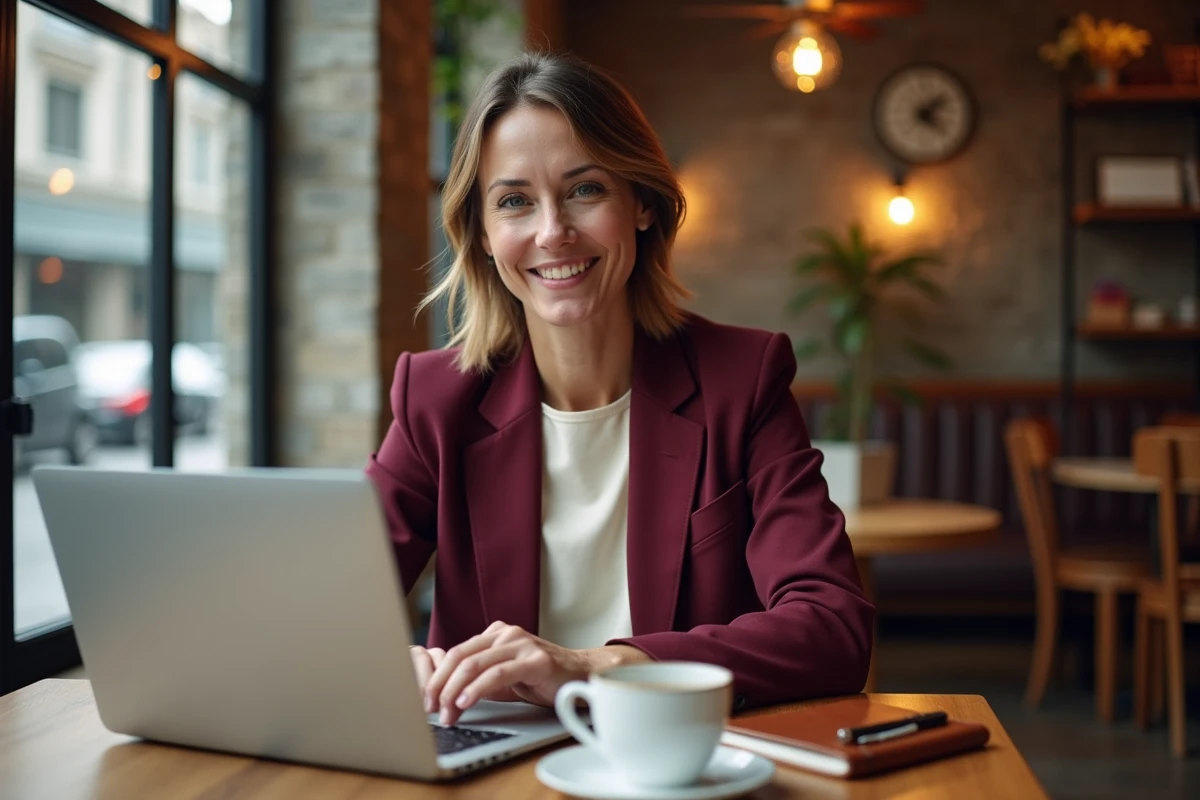 Assistante virtuelle indépendante travaillant sur son accroche commerciale depuis un café, avec un ordinateur portable ouvert et un carnet de notes en cuir sur la table