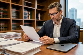 Avocat examinant un accord de transaction sur son bureau dans un cabinet juridique professionnel