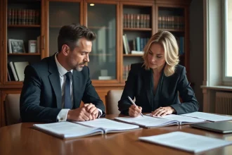 Deux avocats associés en AARPI analysant des documents juridiques dans un cabinet d'avocats parisien
