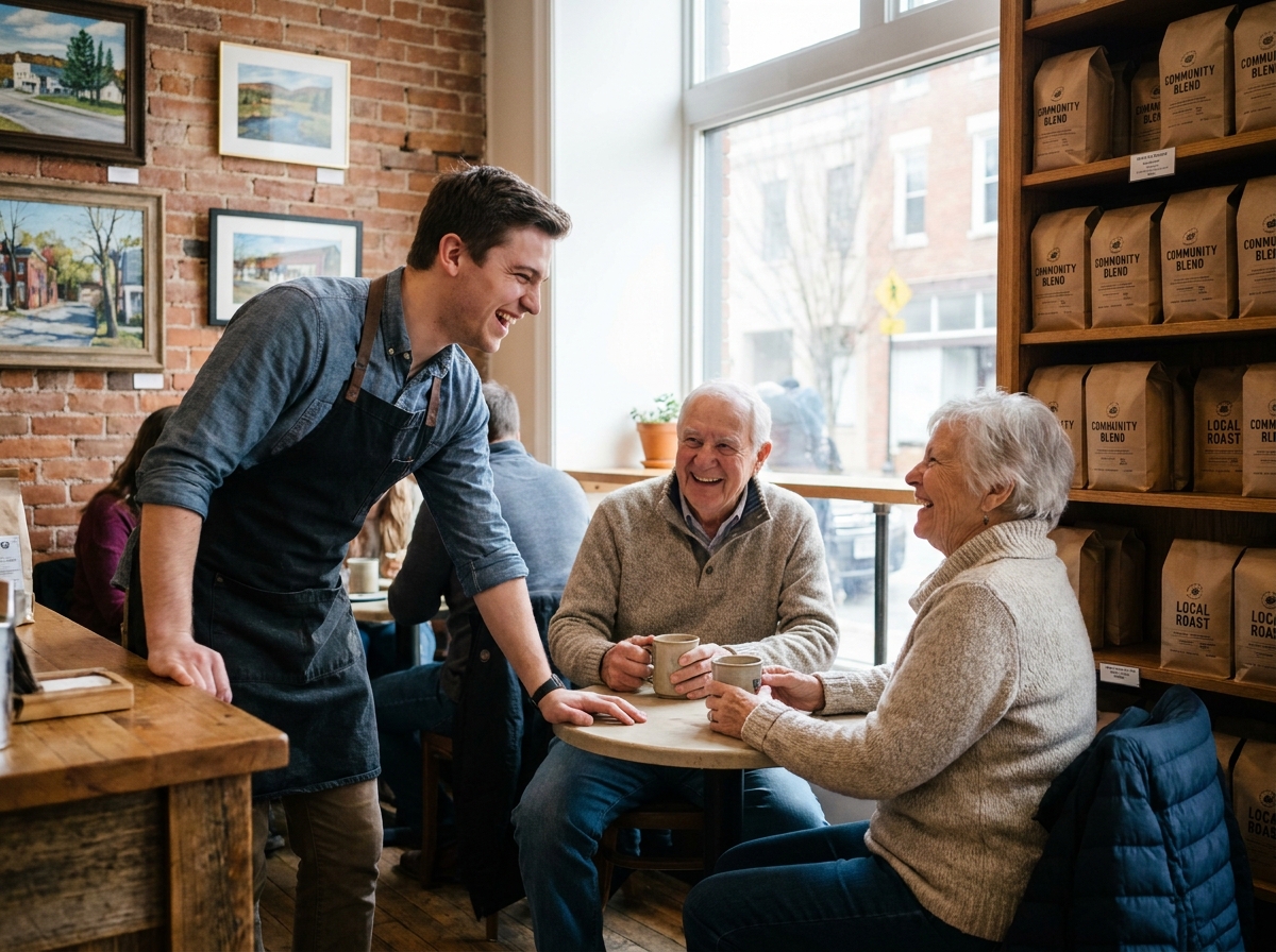 Barista riant avec un couple dans un café convivial