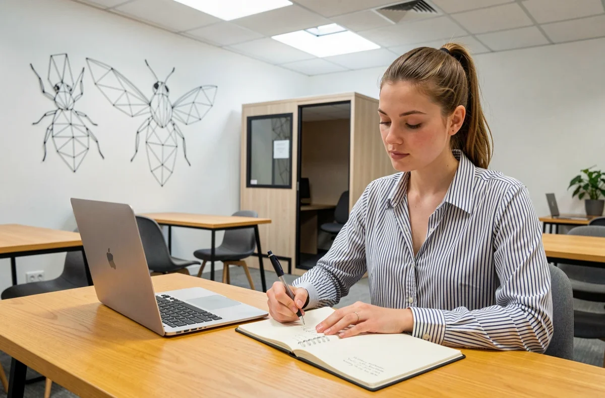 Jeune professionnelle prenant des notes dans l'espace de coworking Bee Cowork à Saint-Grégoire