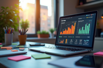 Bureau moderne avec ordinateur affichant des analyses marketing