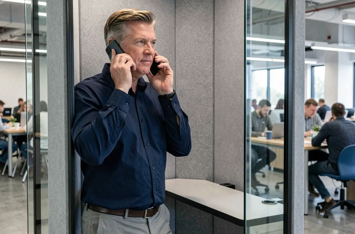 Homme en cabine téléphonique insonorisée dans un espace de coworking à Calais pour travailler sans bruit
