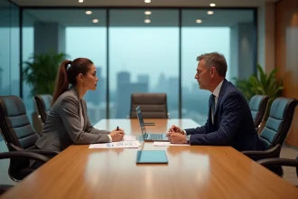 Consultant en costume et entrepreneur autour d'une table de réunion dans un cabinet de conseil classique, discutant d'une stratégie business