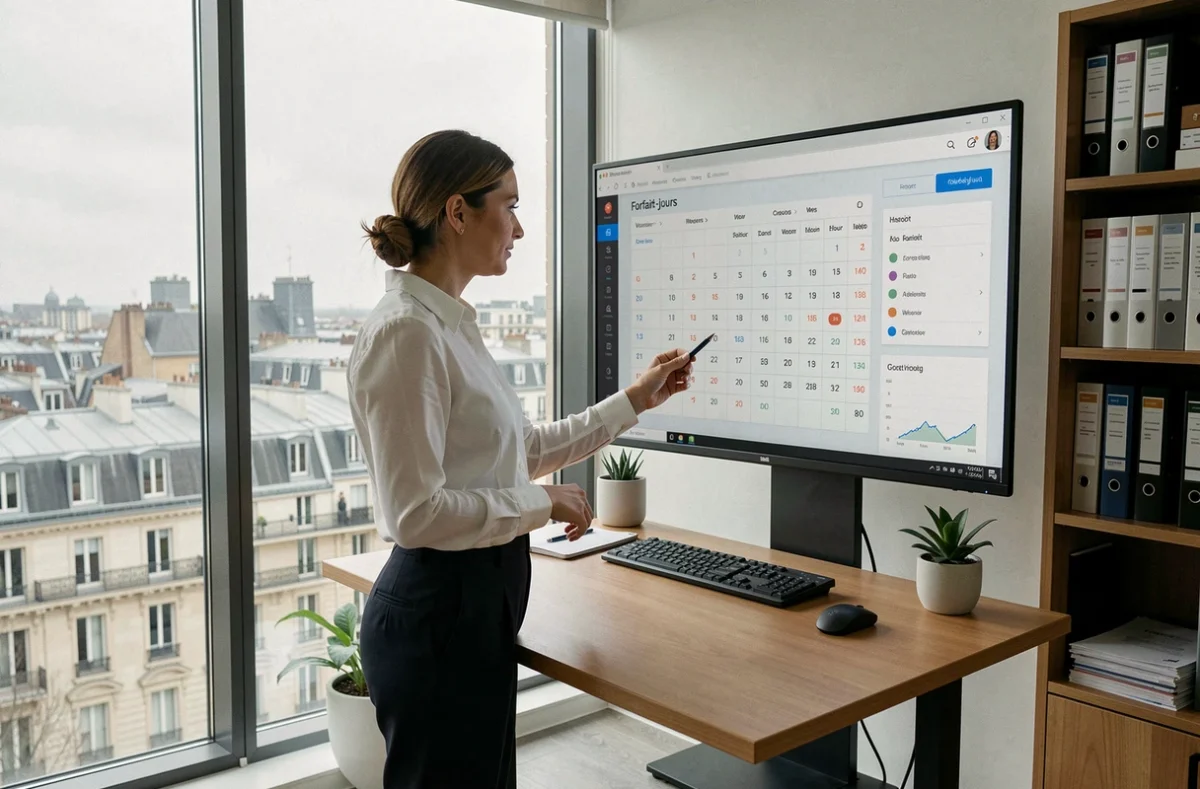 Cadre féminine consultant un tableau de suivi du forfait jours sur ordinateur dans un bureau avec vue sur la ville
