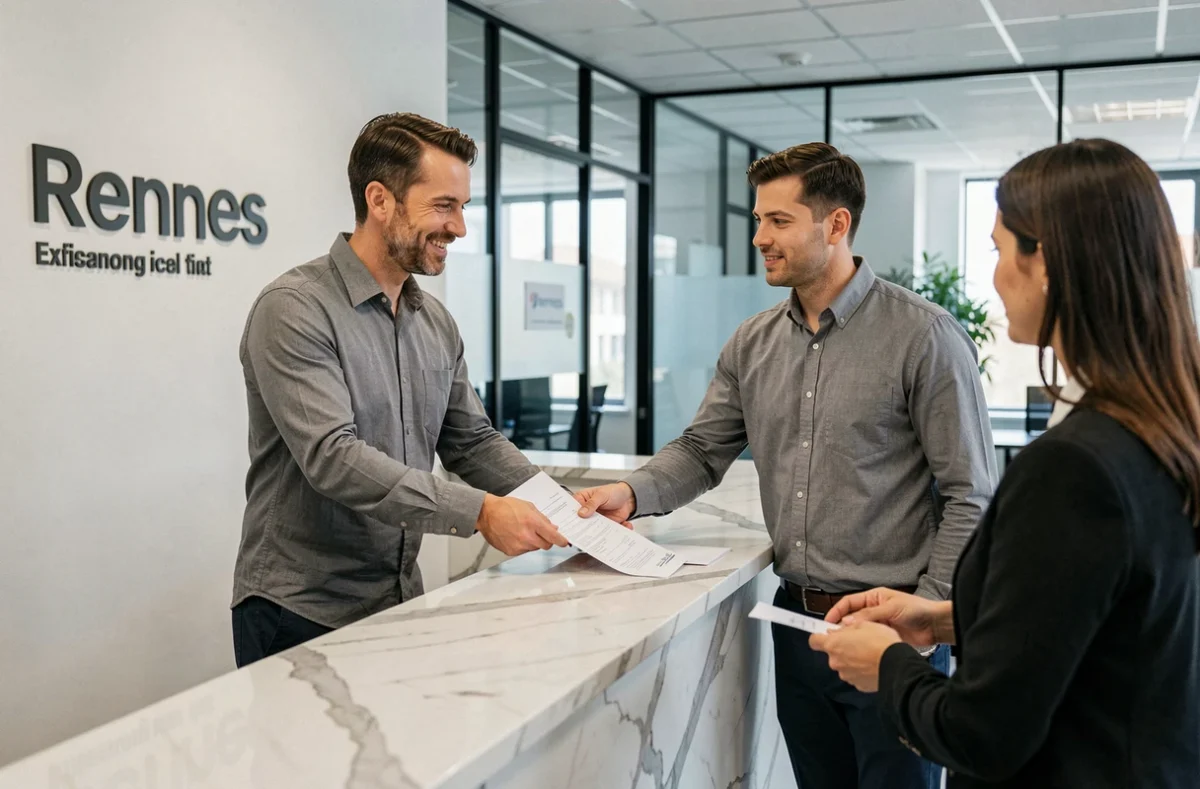 Entrepreneur déposant des documents officiels pour la domiciliation de son entreprise dans un centre d'affaires à Rennes