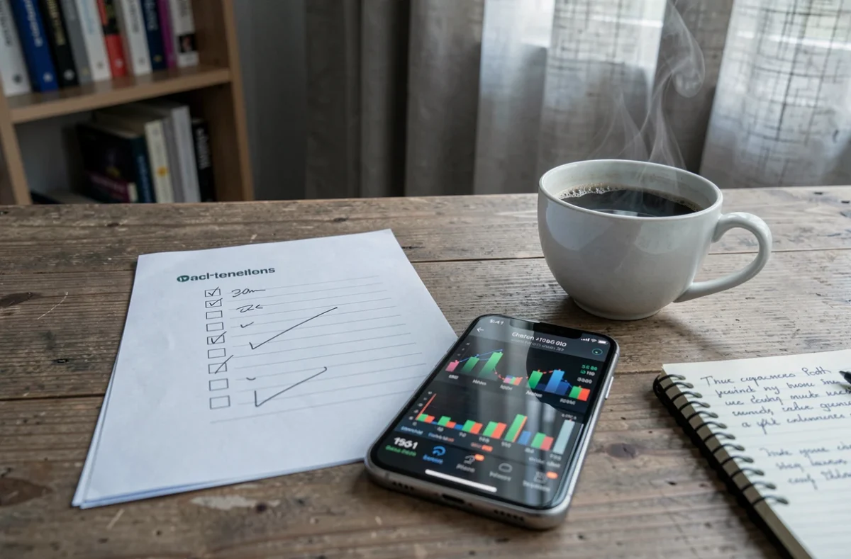 Checklist de vérification pour investir prudemment posée sur un bureau avec un smartphone affichant des données financières