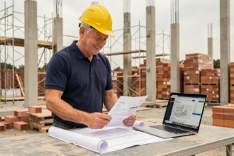 Chef de chantier consultant un devis en ligne sur tablette avec des plans de construction sur un chantier BTP