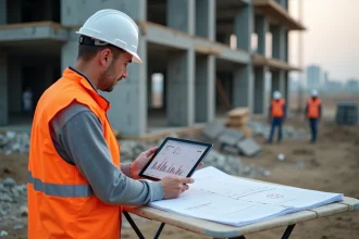 Chef de chantier consultant un logiciel de gestion de chantier sur tablette avec des plans imprimés sur un chantier BTP actif