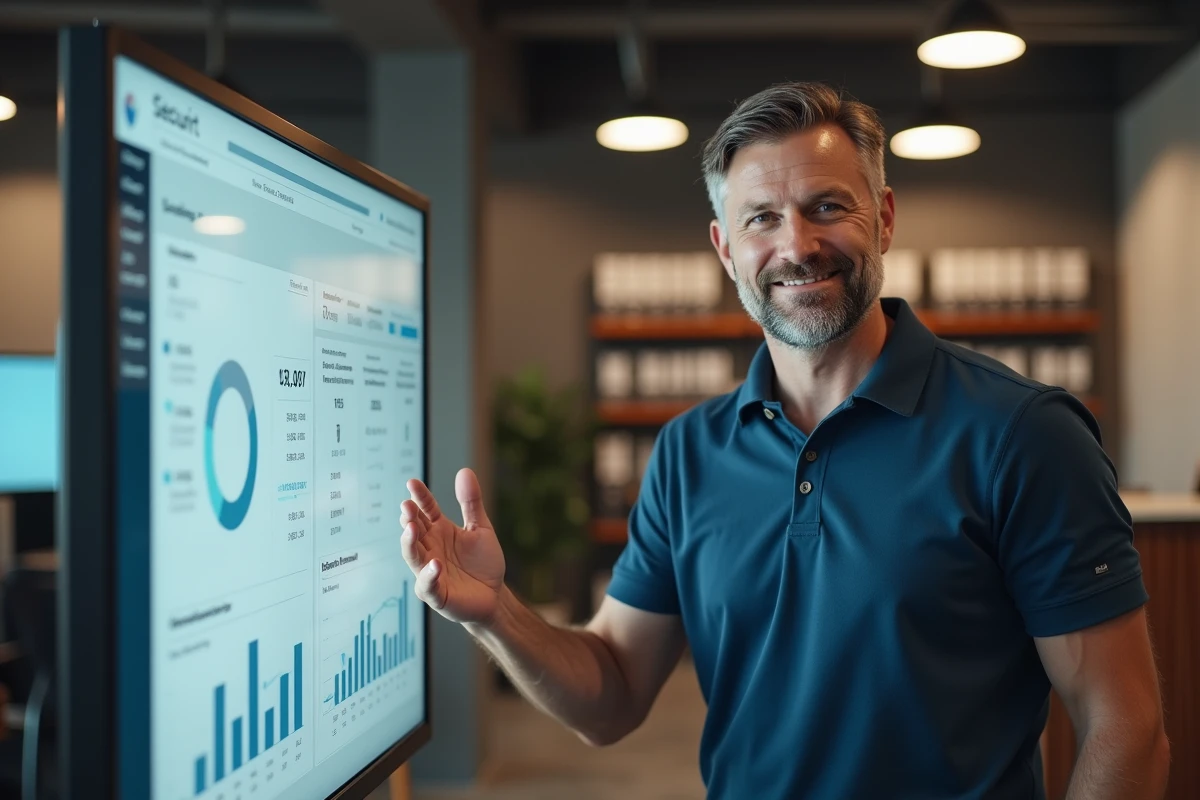 Chef d'entreprise consultant son tableau de bord affilié Sécuritest pour optimiser son chiffre d'affaires