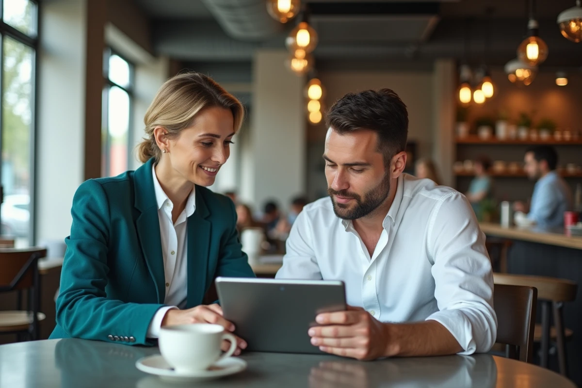 Deux professionnels discutant d'une stratégie de domaines web autour d'une tablette dans un café urbain