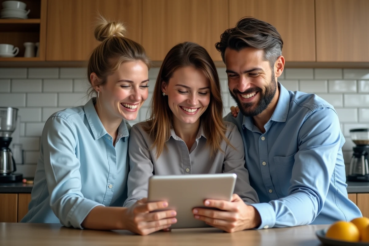 Collègues découvrant les avantages chèques cadeaux du comité d'entreprise GMF sur tablette