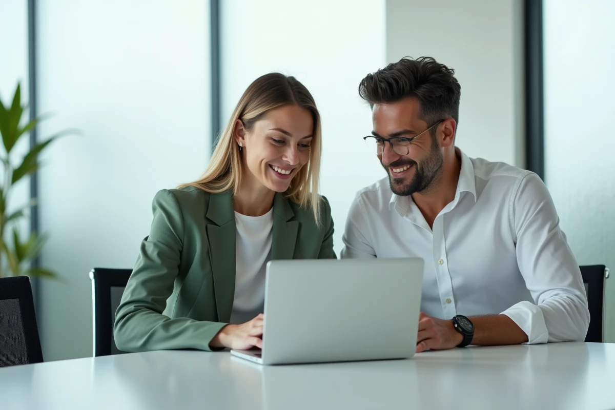 Deux collègues RH collaborant devant un ordinateur portable affichant une plateforme de gestion des documents employés en salle de réunion