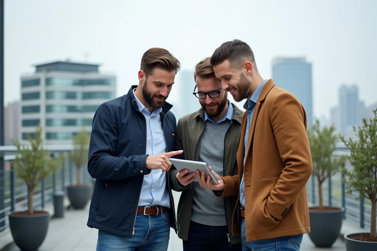 Trois collègues consultant une tablette ensemble sur une terrasse de bureau en milieu urbain