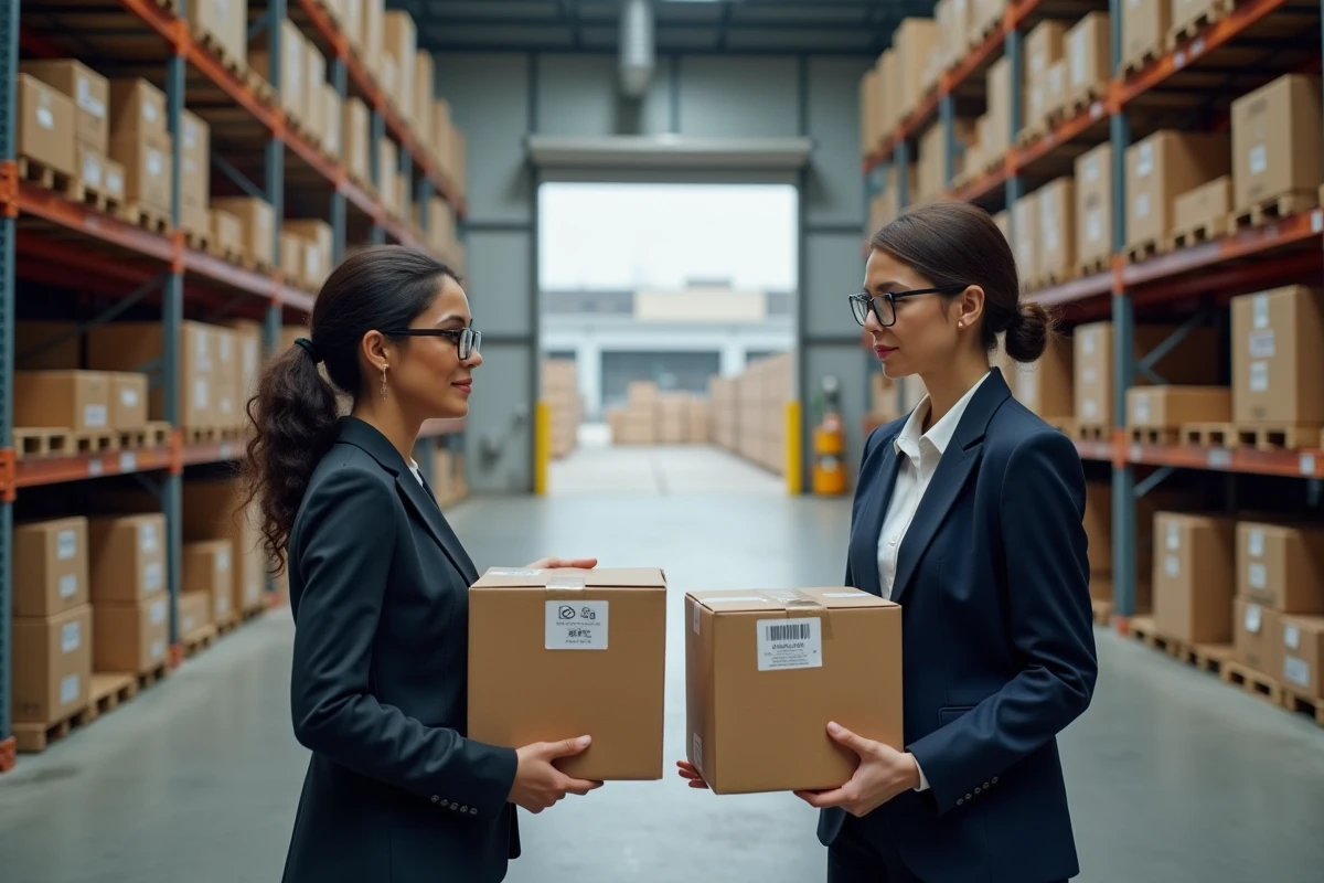Femme comparant deux emballages avec marquage CE authentique et faux logo China Export dans un entrepôt