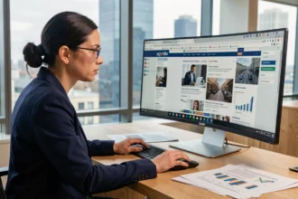 Femme d'affaires comparant des sites business sur un ordinateur dans un bureau moderne avec vue urbaine