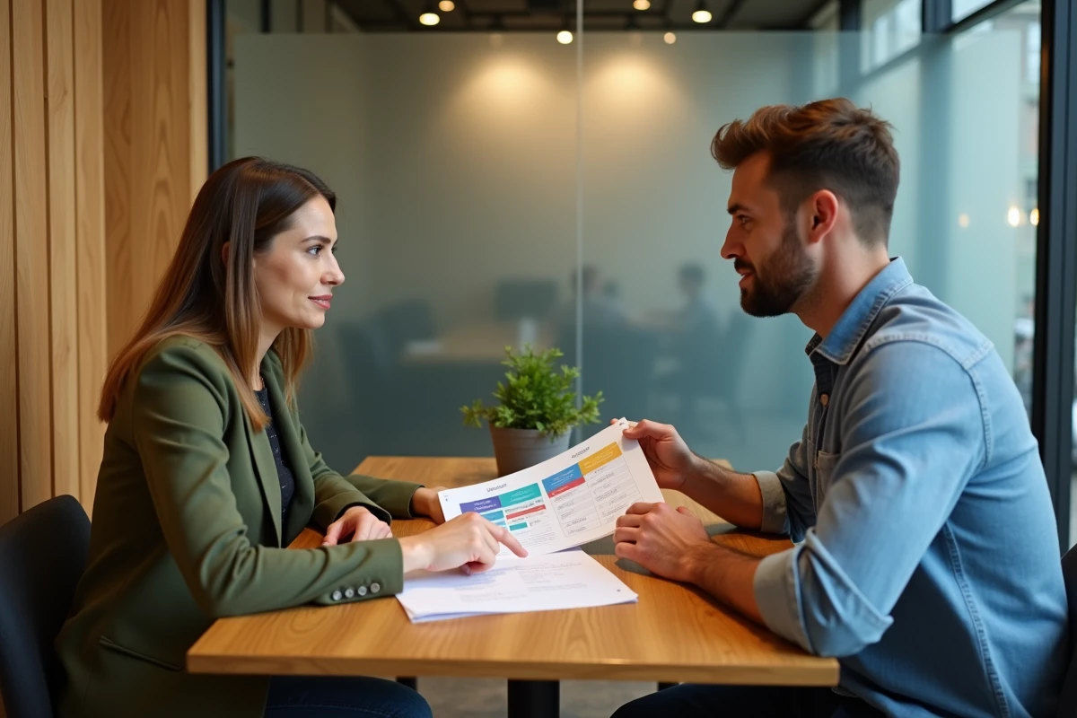 Deux entrepreneurs comparant les prix et offres de réservation du foyer entrepreneurial pour optimiser leur budget 2026