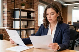 Femme professionnelle comparant des offres de portage salarial sur des documents imprimés dans un espace de coworking moderne