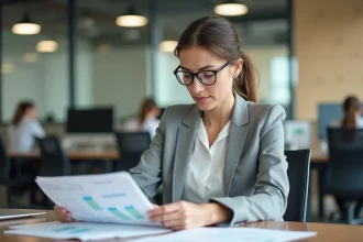 Comptable féminine analysant des documents fiscaux B2B dans un bureau moderne, illustrant la gestion sereine du prélèvement DGFiP en entreprise