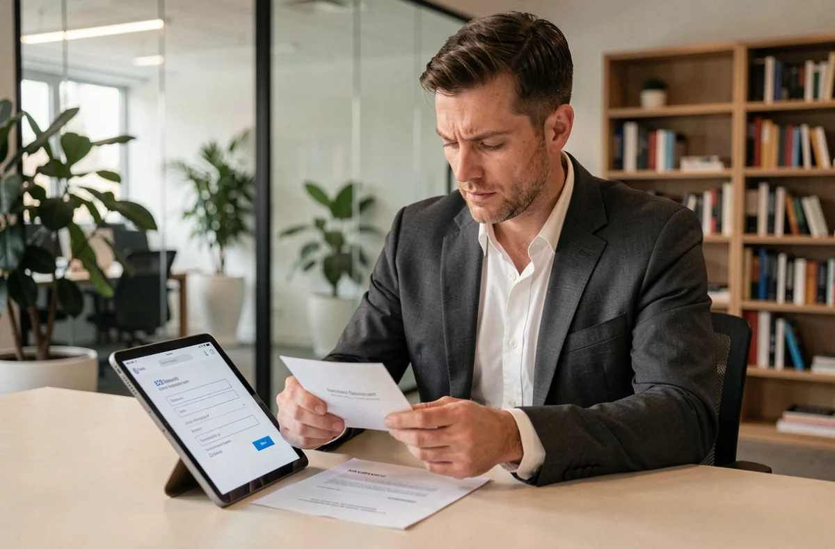 Homme d'affaires analysant une plateforme B2B en ligne pour rentabiliser sa participation à un salon professionnel