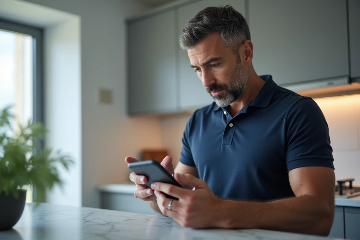 Homme utilisant son smartphone pour se connecter à Profession Jeux FDJ dans sa cuisine