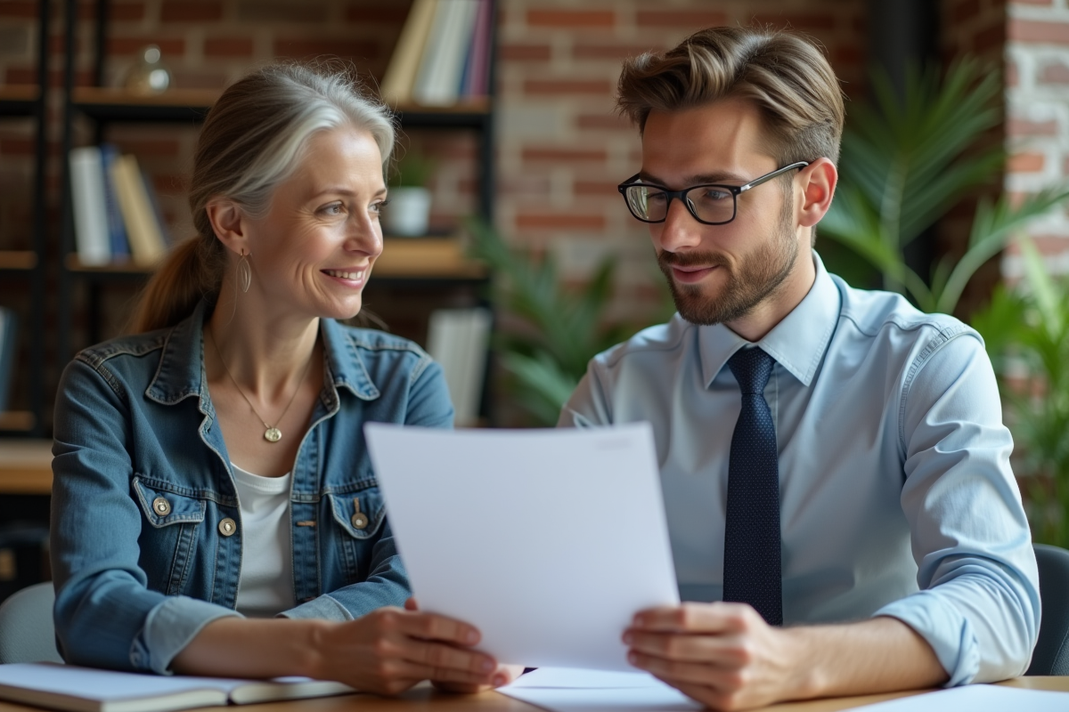 Un conseiller juridique explique un document à une cliente dans un espace de coworking