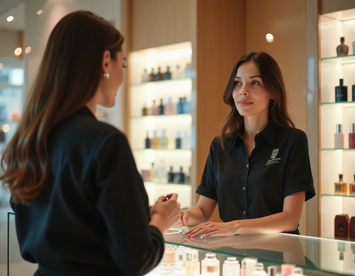 Conseillère en boutique Nocibé aidant une cliente à choisir un parfum au comptoir