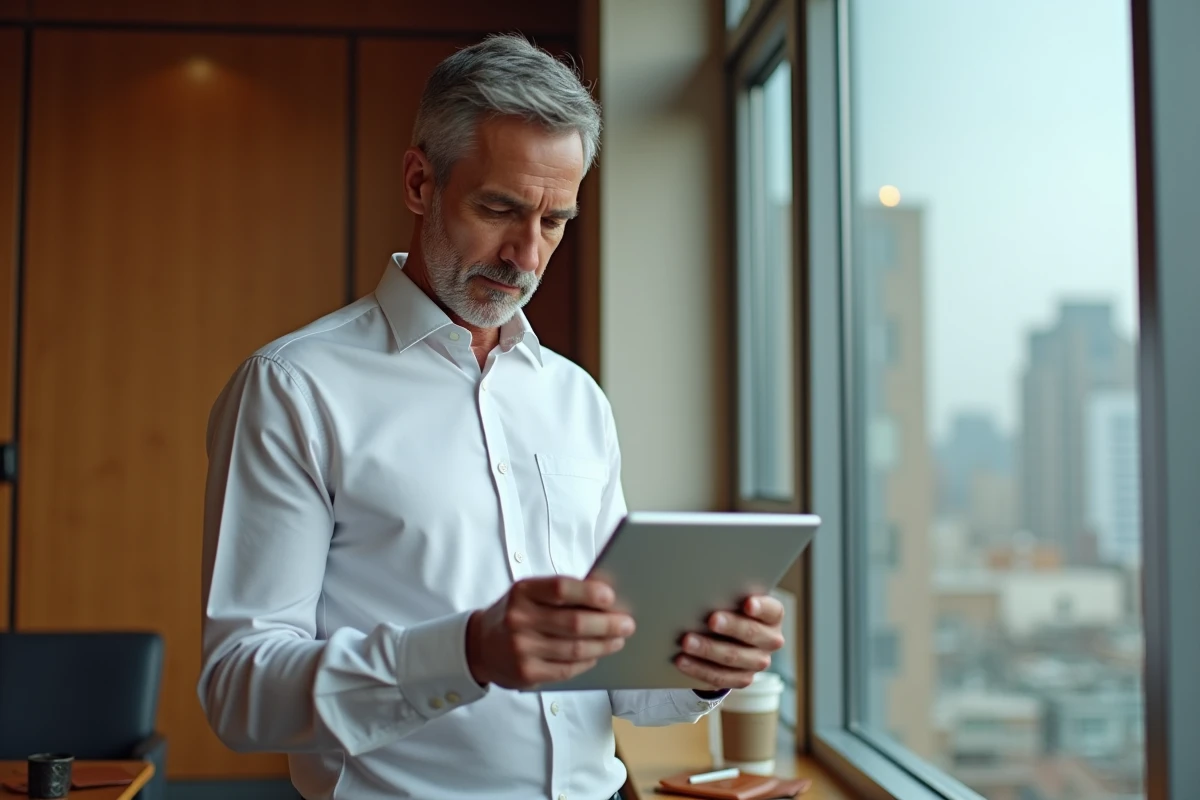 Consultant en portage salarial consultant sa fiche de paie sur tablette dans un bureau privé