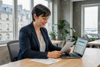 Consultante indépendante en portage salarial à Brest examinant un contrat dans un espace de coworking moderne