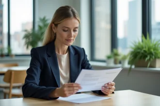 Consultante en portage salarial examinant un contrat dans un bureau moderne