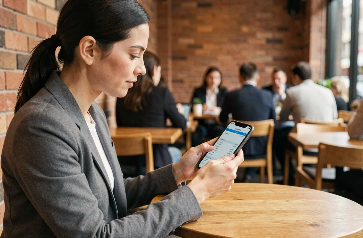 Femme consultant son bulletin de paie Urban Group RATP sur smartphone dans un café moderne