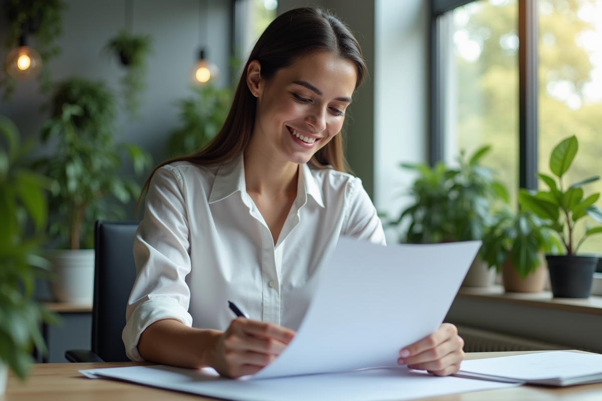Employe examinant un contrat de travail dans un bureau lumineux