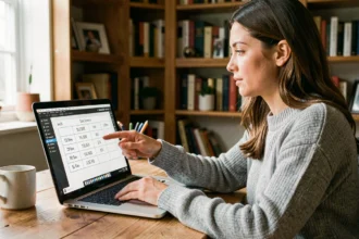 Femme consultant un tableau de conversion de tailles en pouces sur son ordinateur portable lors d'un achat en ligne